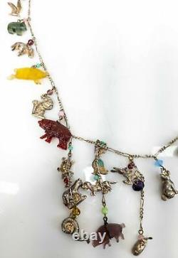 Vintage Sterling Silver Molded Glass Animal Stone Charm Necklace Chain Dogs