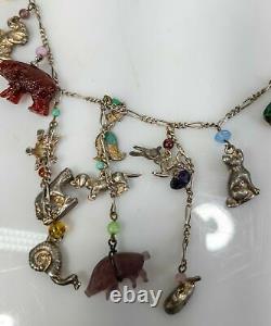 Vintage Sterling Silver Molded Glass Animal Stone Charm Necklace Chain Dogs