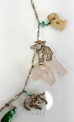 Vintage Sterling Silver Molded Glass Animal Stone Charm Necklace Chain Dogs