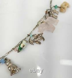 Vintage Sterling Silver Molded Glass Animal Stone Charm Necklace Chain Dogs