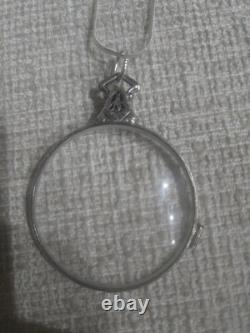 Vintage Sterling Silver Mounted Magnifying Glass Pendant Necklace Art Deco Style
