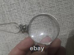 Vintage Sterling Silver Mounted Magnifying Glass Pendant Necklace Art Deco Style