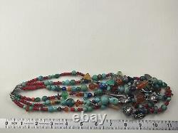 Vintage Sterling Silver Multistrand Necklace Mexico Gemstones Glass Charms 24