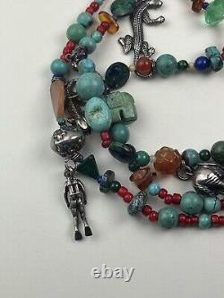 Vintage Sterling Silver Multistrand Necklace Mexico Gemstones Glass Charms 24