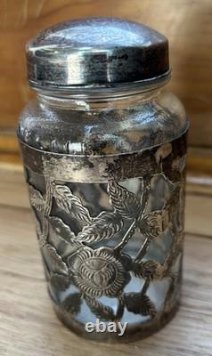 Vintage Sterling Silver Nestle Glass Pierced Floral 4 5/8 Jar 1920-1940