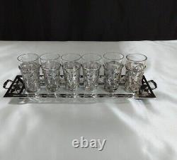 Vintage Sterling Silver Overlay And Etched Glass Barware Service For 6