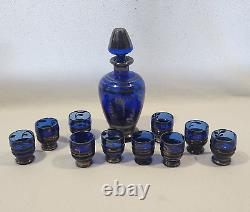 Vintage Sterling Silver Overlay Cobalt Blue Glass Decanter / Shot Glass Set 12pc