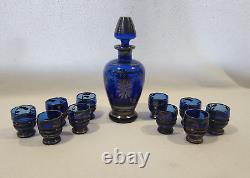 Vintage Sterling Silver Overlay Cobalt Blue Glass Decanter / Shot Glass Set 12pc