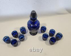 Vintage Sterling Silver Overlay Cobalt Blue Glass Decanter / Shot Glass Set 12pc