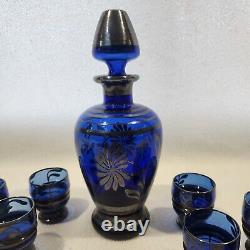 Vintage Sterling Silver Overlay Cobalt Blue Glass Decanter / Shot Glass Set 12pc
