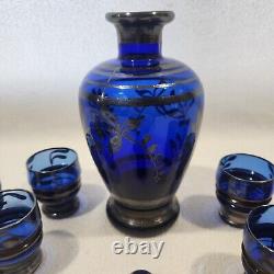 Vintage Sterling Silver Overlay Cobalt Blue Glass Decanter / Shot Glass Set 12pc