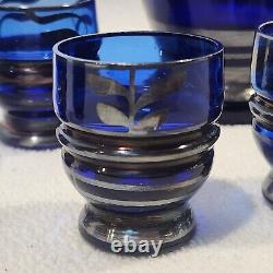 Vintage Sterling Silver Overlay Cobalt Blue Glass Decanter / Shot Glass Set 12pc