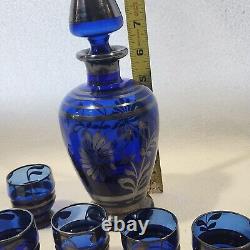 Vintage Sterling Silver Overlay Cobalt Blue Glass Decanter / Shot Glass Set 12pc