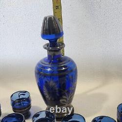 Vintage Sterling Silver Overlay Cobalt Blue Glass Decanter / Shot Glass Set 12pc