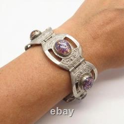 Vintage Sterling Silver Panel Bracelet Purple Foil Glass Cabochons 32.3g