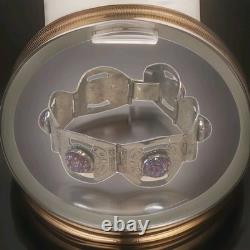 Vintage Sterling Silver Panel Bracelet Purple Foil Glass Cabochons 32.3g