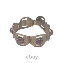 Vintage Sterling Silver Panel Bracelet Purple Foil Glass Cabochons 32.3g