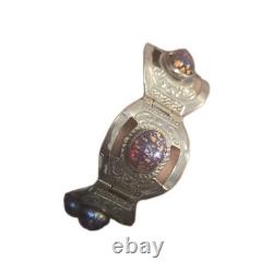 Vintage Sterling Silver Panel Bracelet Purple Foil Glass Cabochons 32.3g