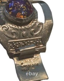 Vintage Sterling Silver Panel Bracelet Purple Foil Glass Cabochons 32.3g