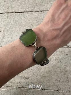 Vintage Sterling Silver Polished Sea Glass Chunk Bracelet