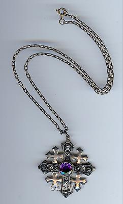 Vintage Sterling Silver Purple Faceted Glass Jerusalem Cross Pendant