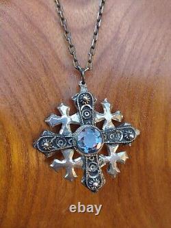 Vintage Sterling Silver Purple Faceted Glass Jerusalem Cross Pendant
