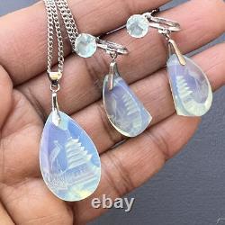 Vintage Sterling Silver Reverse Carved Glass Opalescent Pagoda Intaglio Pendant