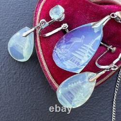 Vintage Sterling Silver Reverse Carved Glass Opalescent Pagoda Intaglio Pendant