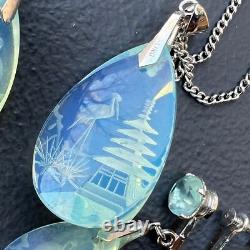 Vintage Sterling Silver Reverse Carved Glass Opalescent Pagoda Intaglio Pendant