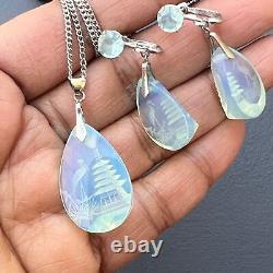 Vintage Sterling Silver Reverse Carved Glass Opalescent Pagoda Intaglio Pendant