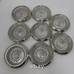 Vintage Sterling Silver Rim Glass Starburst Coasters Set of 8, 4 Round