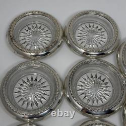 Vintage Sterling Silver Rim Glass Starburst Coasters Set of 8, 4 Round