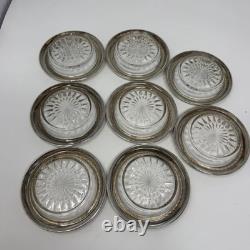 Vintage Sterling Silver Rim Glass Starburst Coasters Set of 8, 4 Round