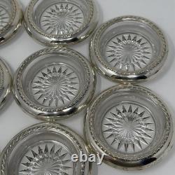 Vintage Sterling Silver Rim Glass Starburst Coasters Set of 8, 4 Round