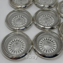 Vintage Sterling Silver Rim Glass Starburst Coasters Set of 8, 4 Round