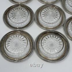 Vintage Sterling Silver Rim Glass Starburst Coasters Set of 8, 4 Round