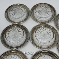Vintage Sterling Silver Rim Glass Starburst Coasters Set of 8, 4 Round