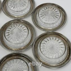 Vintage Sterling Silver Rim Glass Starburst Coasters Set of 8, 4 Round