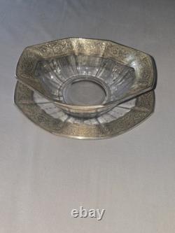 Vintage Sterling Silver Rim Overlay Glass Candy Bowl & Underplate Dish Set 925