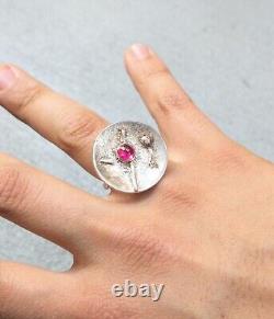 Vintage Sterling Silver Ring Pink Glass Size 7.5 Avant Garde Modern 9.4g. 925