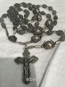 Vintage Sterling Silver Rosary Textured Gray Glass Sterling Silver Crucifix