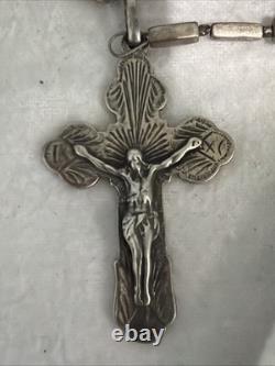 Vintage Sterling Silver Rosary Textured Gray Glass Sterling Silver Crucifix