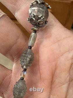 Vintage Sterling Silver Rosary Textured Gray Glass Sterling Silver Crucifix