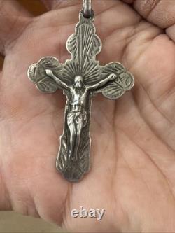 Vintage Sterling Silver Rosary Textured Gray Glass Sterling Silver Crucifix