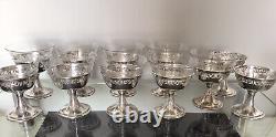 Vintage Sterling Silver Sherbert Dessert Cups With Etched Glass Insert Set