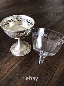 Vintage Sterling Silver Sherbert Dessert Cups With Etched Glass Insert Set