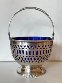 Vintage Sterling Silver Sugar Basket with Original Cobalt Glass Insert