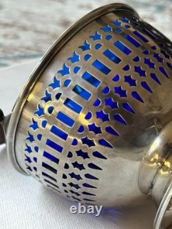 Vintage Sterling Silver Sugar Basket with Original Cobalt Glass Insert