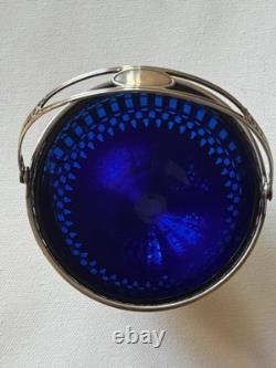Vintage Sterling Silver Sugar Basket with Original Cobalt Glass Insert