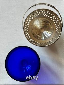 Vintage Sterling Silver Sugar Basket with Original Cobalt Glass Insert